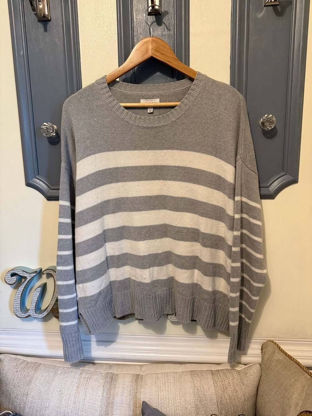 Lucky Brand Gray and White Striped Crew Neck Oversized Sweater